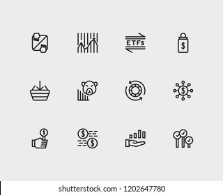 Finance icons set. Stock market and finance icons with bid, capitalization and broker. Set of deposit for web app logo UI design.