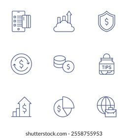 Finance icons set. Thin Line style, editable stroke. credit card, exchange rate, fiscal policy, line graph, money, pie chart, shield, tips, worldwide.