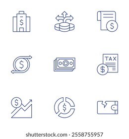 Finance icons set. Thin Line style, editable stroke. corporation, economy, financial profit, investment, money, pie chart, tax, wallet.