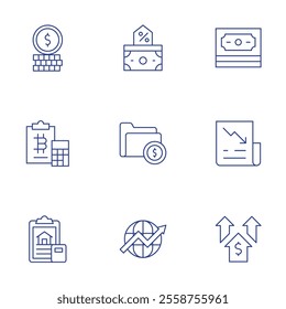 Finance icons set. Thin Line style, editable stroke. coins, deposit, document, finance, globe, money, newspaper, profit.