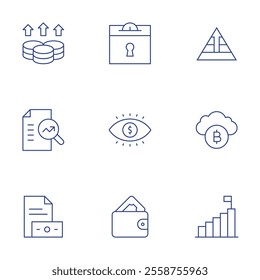 Finance icons set. Thin Line style, editable stroke. career, cloud, goal, profits, research, salary, savings, vision, wallet.