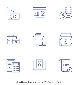 Finance icons set. Thin Line style, editable stroke. app development, briefcase, calculator, dashboard, finance, funding, money, price list.