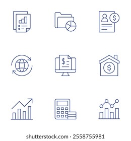 Finance icons set. Thin Line style, editable stroke. analytics, billing, calculator, credit, family, fluctuation, statistics, trade, trend.