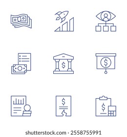 Finance icons set. Thin Line style, editable stroke. advancement, bank, budget, consultant, economy, finance, money, notes, profit.
