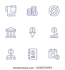 Finance icons set. Thin Line style, editable stroke. accounting, bank, budget, coins, development, dollar, finance, finance book, payday.