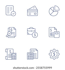 Finance icons set. Thin Line style, editable stroke. accept, atm, audit, briefcase, budget, calculator, data management, finance, gear.