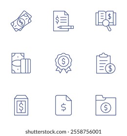 Finance icons set. Thin Line style, editable stroke. account, audit, badge, budget, finance, money, price tag.