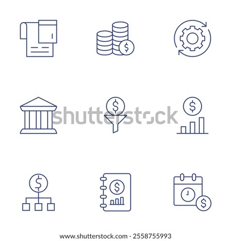 Finance icons set. Thin Line style, editable stroke. accounting, bank, budget, coins, development, dollar, finance, finance book, payday.