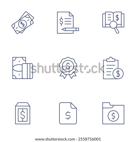 Finance icons set. Thin Line style, editable stroke. account, audit, badge, budget, finance, money, price tag.