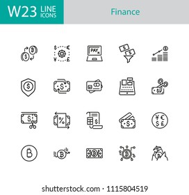 Finance icons. Set of twenty line icons. Bitcoin, currency, payment. Finance concept. Vector illustration can be used for topics like banking, money, saving