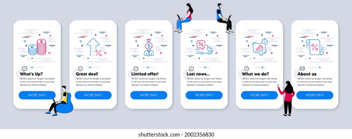 Finance icons set. UI phone app screens with teamwork. Included icon as Statistics timer, Delivery discount, Currency signs. Manager, Increasing percent, Loan percent line icons. Vector