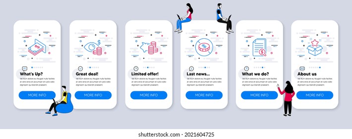 Finance icons set. UI phone app screens with teamwork. Included icon as Business vision, No cash, Atm money signs. Piggy bank, Financial documents, Loyalty program line icons. Vector