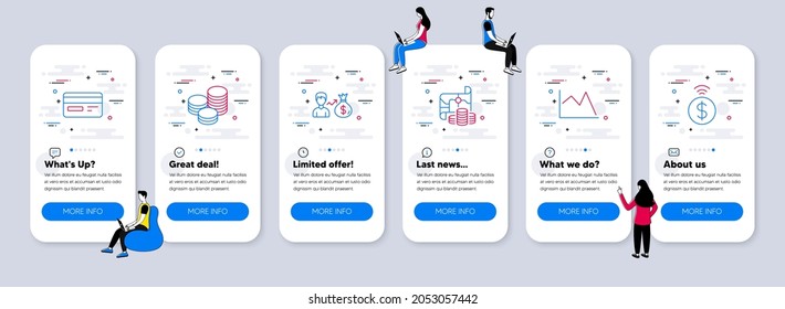 Juego de iconos de finanzas. pantallas de aplicación de teléfono de interfaz de usuario con trabajo en equipo. Icono incluido como carteles de tarjeta de crédito, Salario, gráfico de línea. Treasure map, Tips, iconos de línea de pago sin contacto. Vector
