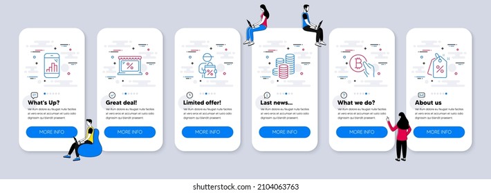 Finance icons set. UI phone app screens with teamwork. Included icon as Coins, Market, Delivery discount signs. Bitcoin pay, Graph phone, Discount tags line icons. Vector