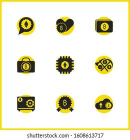 Finance icons set with upload litecoin, lock bitcoin and bitcoin mark elements. Set of finance icons and electronic concept. Editable vector elements for logo app UI design.
