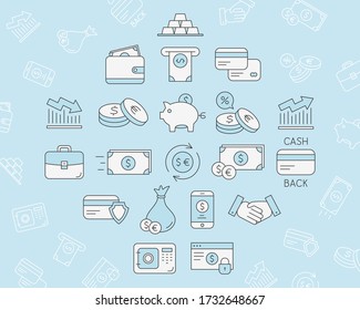 Juego de iconos de finanzas - Símbolos de color del vector y esquema de los servicios bancarios para el sitio o interfaz
