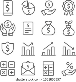 Finance icons set vector illustration. Contains such icons as a calculator, Financial Agreement, Growth, Business Report and more. Expanded Stroke