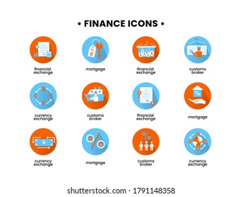 Finance Icons Set. Vector Illustration Of Customs Broker, Mortgage, Financial Exchange, Currency Exchange Icons