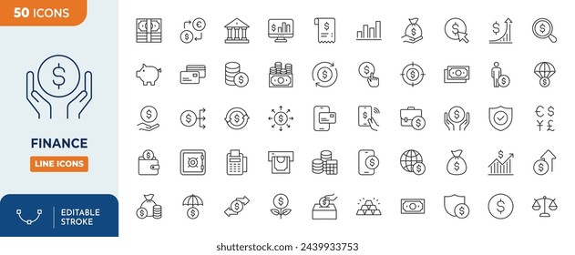 Finance Icons set. Vector illustration in modern thin line style of money and finance operations: money,currency exchange, savings, operations with bank cards. Pictograms and infographic