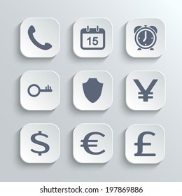 Finance icons set - vector white app buttons with phone calendar alarm clock key shield euro dollar pound yen