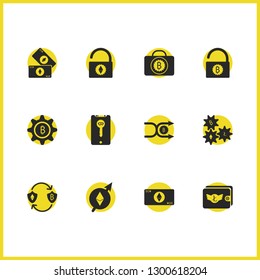 Finance icons set with wallet, cryptocurrency and gears elements. Set of finance icons and crypto technology concept. Editable vector elements for logo app UI design.