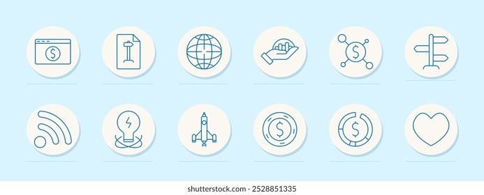 Finance icons set. Web page with dollar symbol, bar graph on clipboard, globe, hand holding bar chart, coin network, direction signs, Wi-Fi signal, light bulb, rocket, coin stack, pie chart, heart