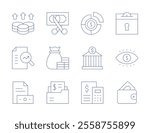 Finance icons. Thin Line style, editable stroke. profits, research, salary, savings, vision, wallet, cut, finance, folder, allocation, bank, budget.