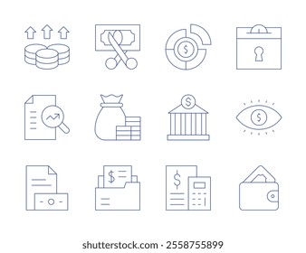 Finance icons. Thin Line style, editable stroke. profits, research, salary, savings, vision, wallet, cut, finance, folder, allocation, bank, budget.