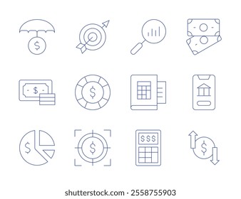 Finance icons. Thin Line style, editable stroke. goal, help, target, analytics, book, calculator, investment insurance, money, online banking, pie chart, profits.