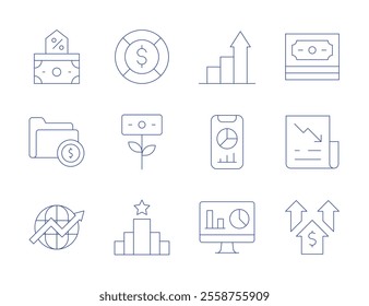 Finance icons. Thin Line style, editable stroke. coin, growth, success, analytics, bar chart, business intelligence, deposit, finance, globe, money, newspaper, profit.