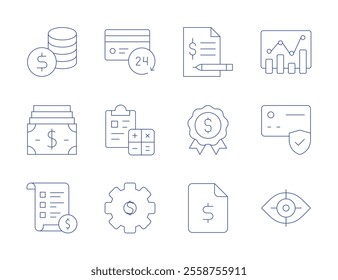 Finance icons. Thin Line style, editable stroke. strategy, transaction, vision, money, price list, credit card, estimation, fintech, account, badge, budget.