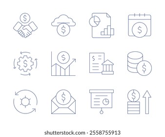 Finance icons. Thin Line style, editable stroke. cloud, grow, subsidy, analytics, banking, business and finance, deal, finance, gear, money, profit.