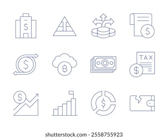 Finance icons. Thin Line style, editable stroke. career, cloud, goal, corporation, economy, financial profit, investment, money, pie chart, tax, wallet.