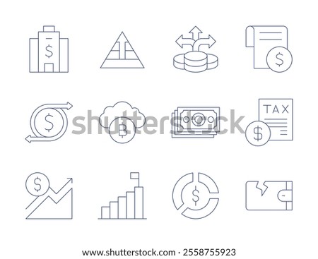 Finance icons. Thin Line style, editable stroke. career, cloud, goal, corporation, economy, financial profit, investment, money, pie chart, tax, wallet.