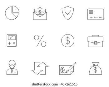 Finance icons in thin outlines. Money, business, foreign exchange.