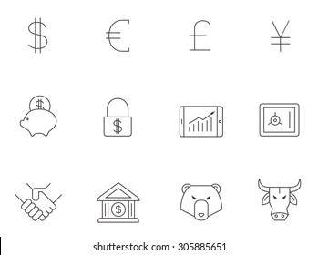 Finance icons in thin outlines. Trading, money.