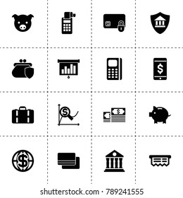Finance icons. vector collection filled finance icons. includes symbols such as pig, money, piggy bank, bank insurance, chart, pos terminal. use for web, mobile and ui design.