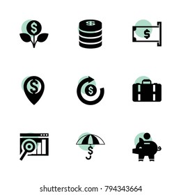 Finance icons. vector collection filled finance icons set.. includes symbols such as money insurance, money location, dollar, piggy bank. use for web, mobile and ui design.