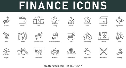 Finance Icons Vektorgrafik mit dünnen Linie editierbaren Schlaganfall mit Geldbörse sparen Wachstum Bankkredit Einnahmen Gewinn Budget Investmentfonds Einnahmen Bargeld Finanzziel Bank Kreditkarte