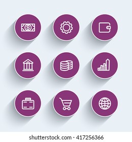 Finance icons, wallet, money, income, savings, banking, thick line icons on round shapes, vector illustration