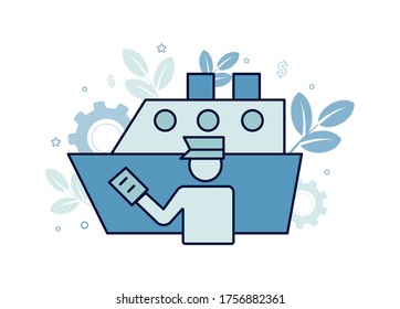 Finance Illustration. Brokerage Services. Customs Broker. Silhouette Of A Man In The Form Of A Customs Broker With A Document In Hand Near A Cargo Ship, On The Background A Gear, Dollar Icon