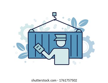 Finance illustration. Brokerage services. Customs Broker. Silhouette of a man in the form of a customs broker with a document in hand near a cargo container on a hook, on the background a gear