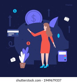 Finance illustration concept with icons and characters. The girl keeps track of finances and makes savings. Digital business dark illustrations