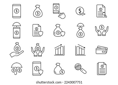 Juego de iconos de ilustración de finanzas. Estilo de icono de línea. icono relacionado con el negocio. Diseño de vector simple editable