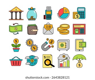 Ícones de ilustração financeira com estilo Doodle, adequado para uso em várias necessidades de design, como modelos, cartazes, Web, mídia social, banners, panfletos e outros.