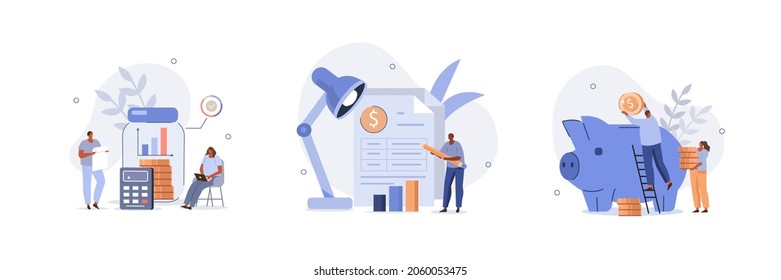 Finance illustration set. Characters collecting and putting coins in piggy bank, analyzing financial report. Financial management, money savings and deposit growth concept. Vector illustration.