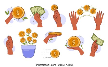 Juego de ilustraciones financieras. Monedas de mano de señas. El concepto de transferencia de dinero, recepción, retención. Ilustración plana vectorial.