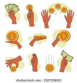 Finance illustration set. Sign hand holding coins. Money transfer, receive, hold concept. Vector flat illustration.