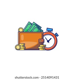 Finanz-Illustration Vektor Geldbörse mit Goldmünzen und Uhr. Brieftaschenillustrationselement. Geldbörse, die Geld und Münzen spart. Zeit ist Geld. 