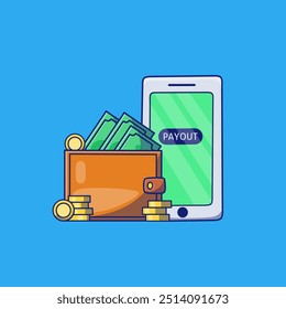 Finance illustration vector wallet with gold coins and phone. Wallet illustration element. Wallet saving money and coins. Payout illustration. 